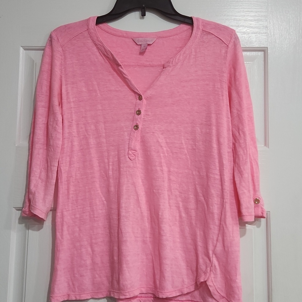Lilly Pulitzer Henley Top Women Pink Cotton 3/4 Sleeve Cotton Fleece Size XSmall
